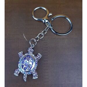 Turtle Purple Lilac Rhinestone Crystal Silver Tone Keychain Backpack Purse Clip
